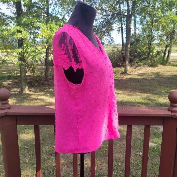 Women's Hot Pink Swiss Dot Lace V-Neck Short Sleeve Blouse Tops Size Large - Picture 6 of 15